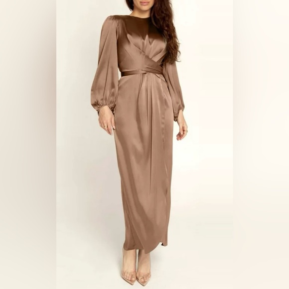 Dresses & Skirts - Champagne dress. Blouson sleeves. Extra long. Tie waist. Tulip hem.